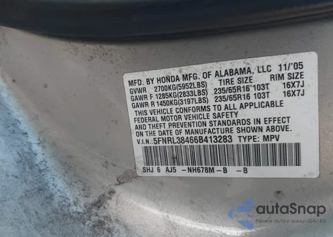 2006 Honda Odyssey Ex z USA, uszkodzony, nr VIN 5FNRL38466B413283